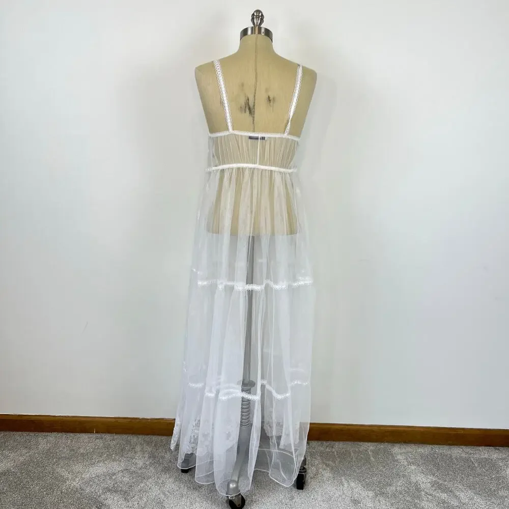 Vintage No Strings Attached Sheer White Floral Coverup Bridal Night Gown Dress M - Picture 5 of 13